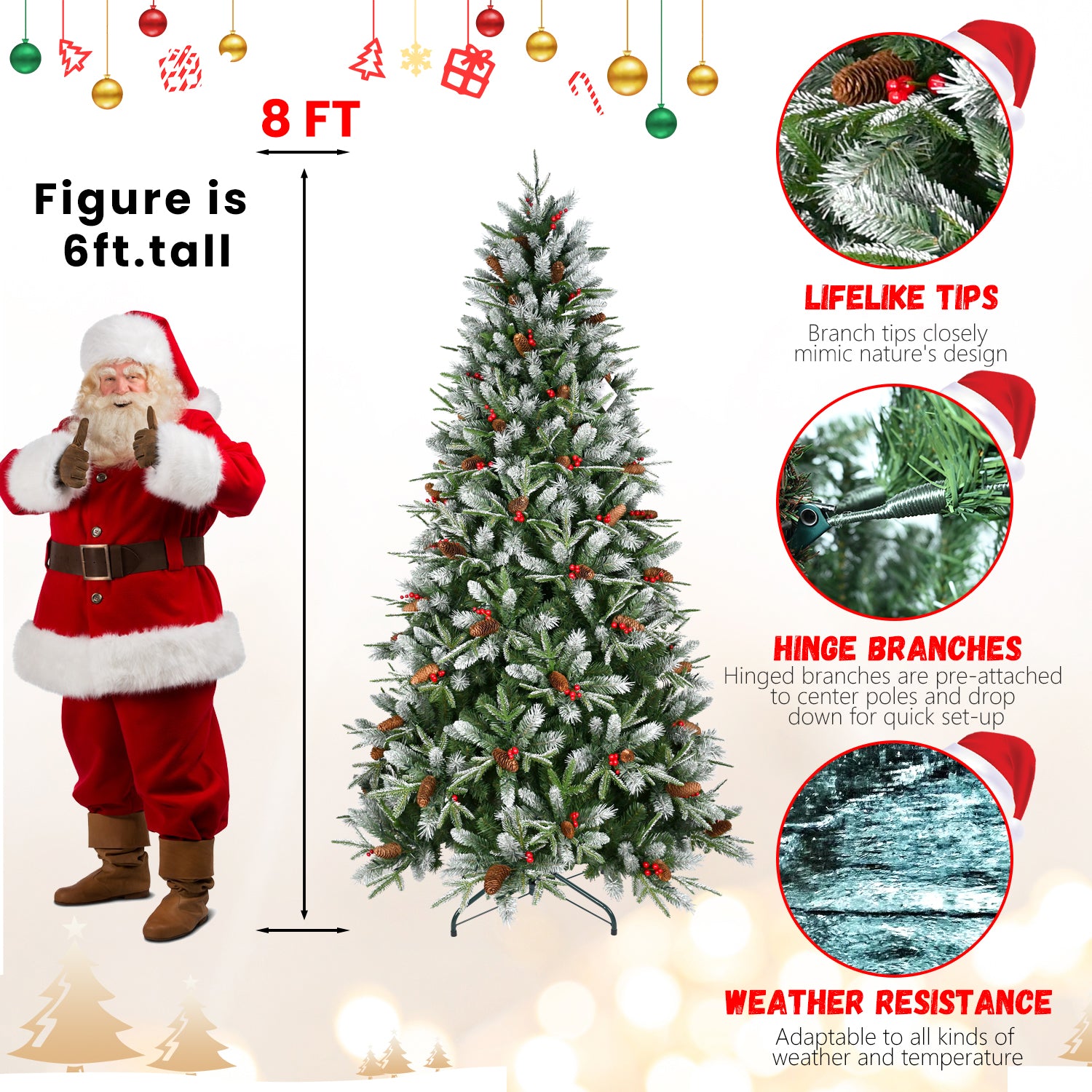 PE/PVC Christmas Tree with Red Berries & Pine Cones – 4ft to 9ft | Realistic Holiday Tree