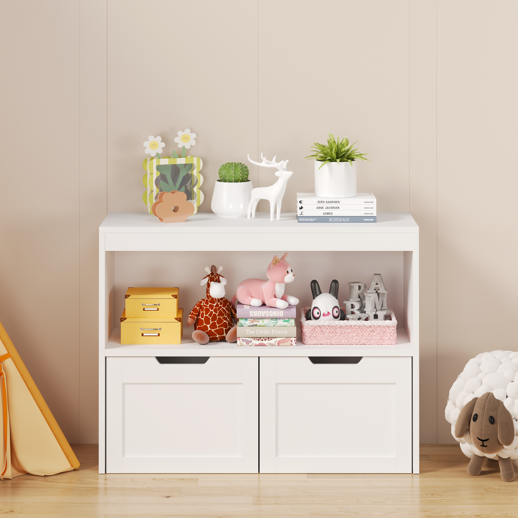 White storage cabinet with decorative items against a beige wall