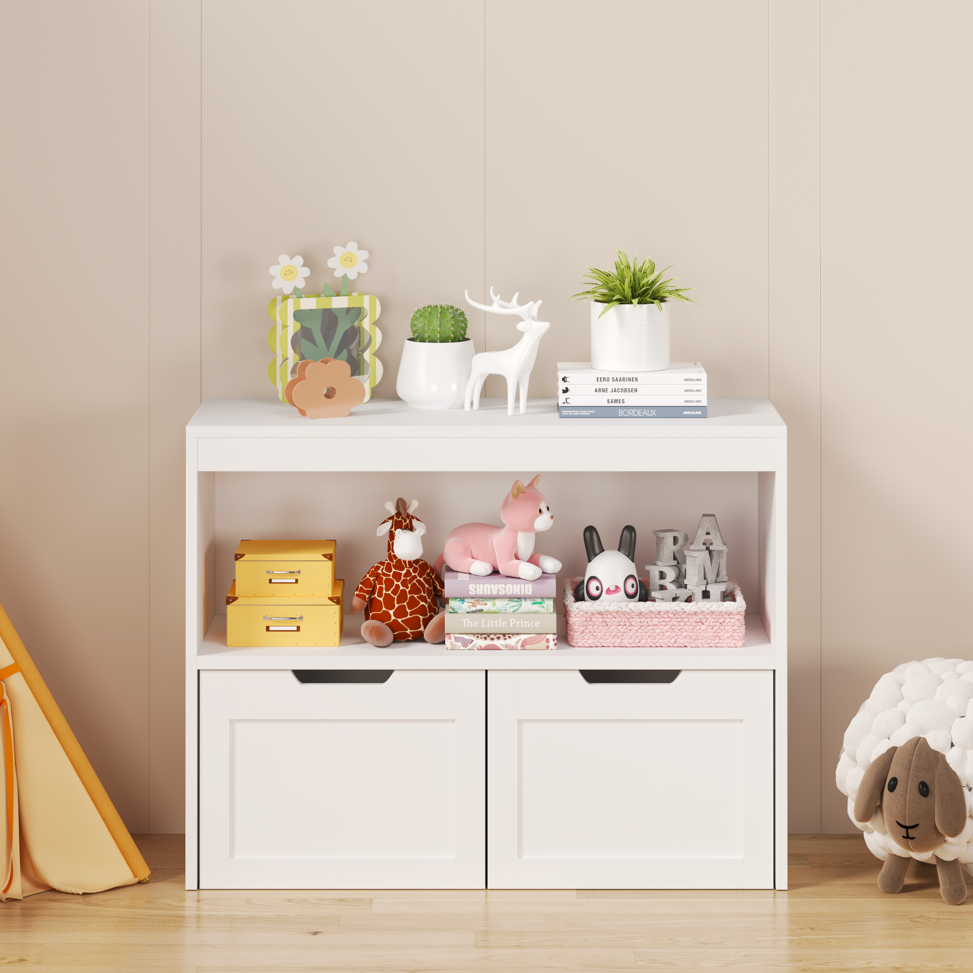 White storage cabinet with decorative items against a beige wall