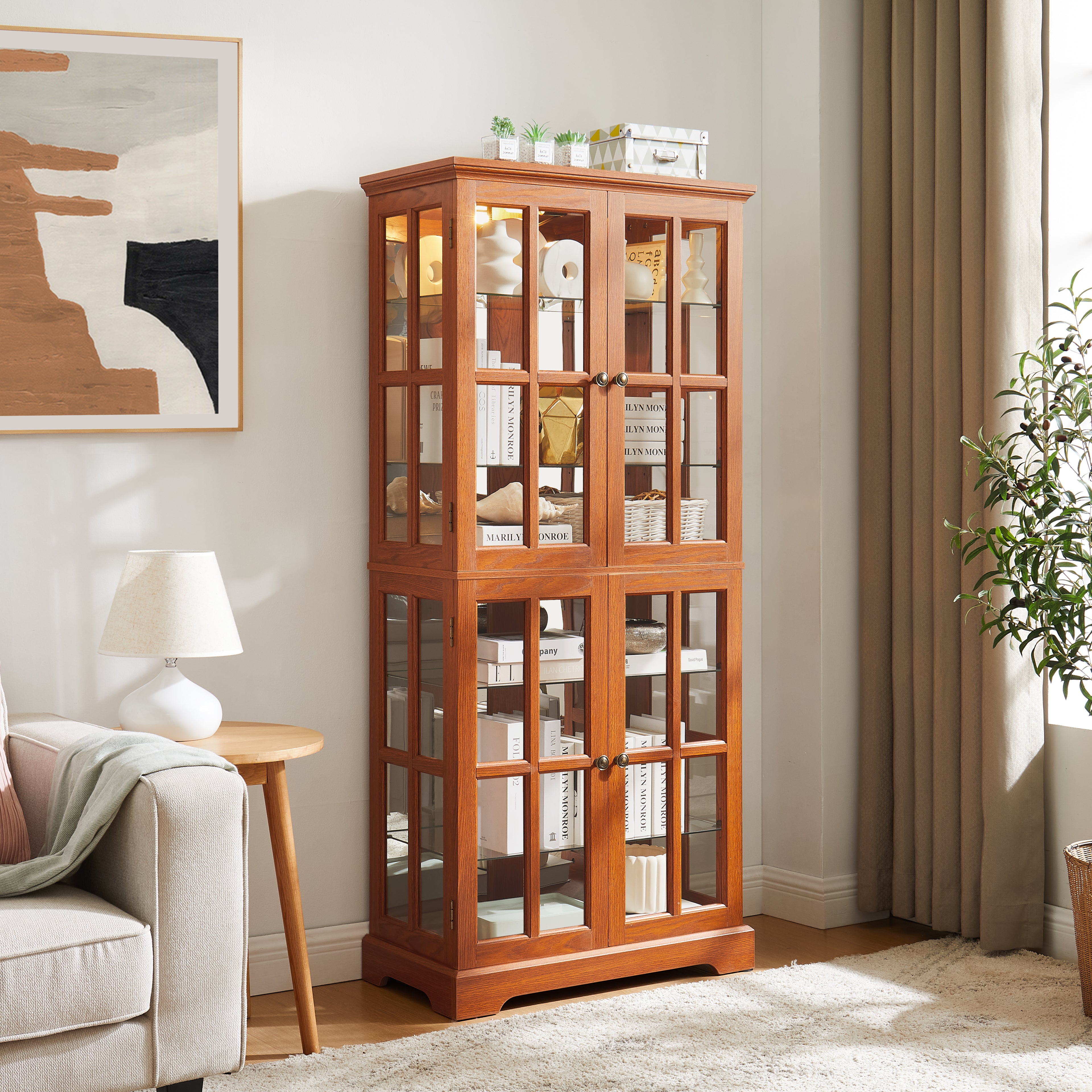 Vintage Curio Display Cabinet — Glass Doors, 4 Adjustable Shelves, Built-In Light | Dark Oak