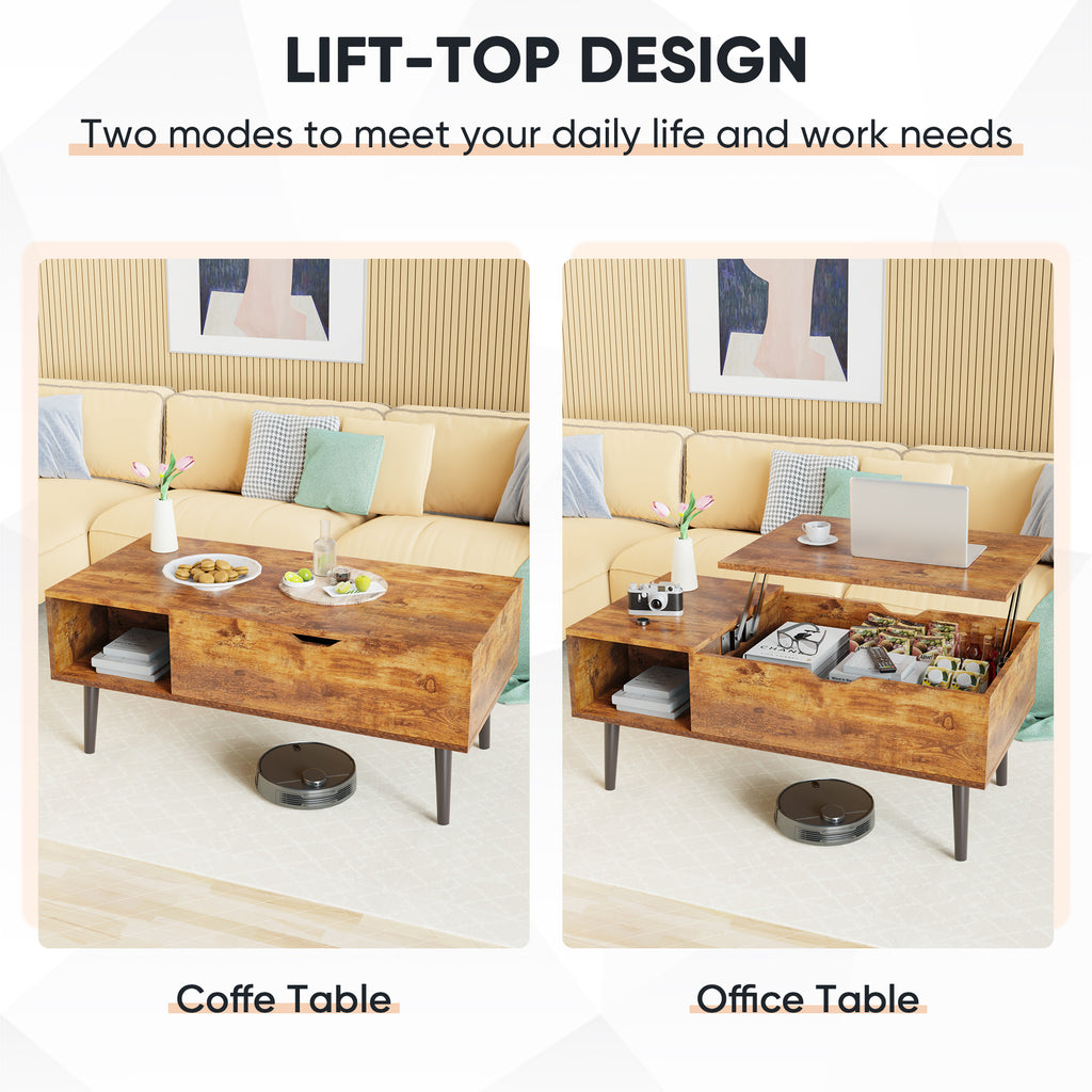Wooden coffee table with lift-top design transforming into an office table.