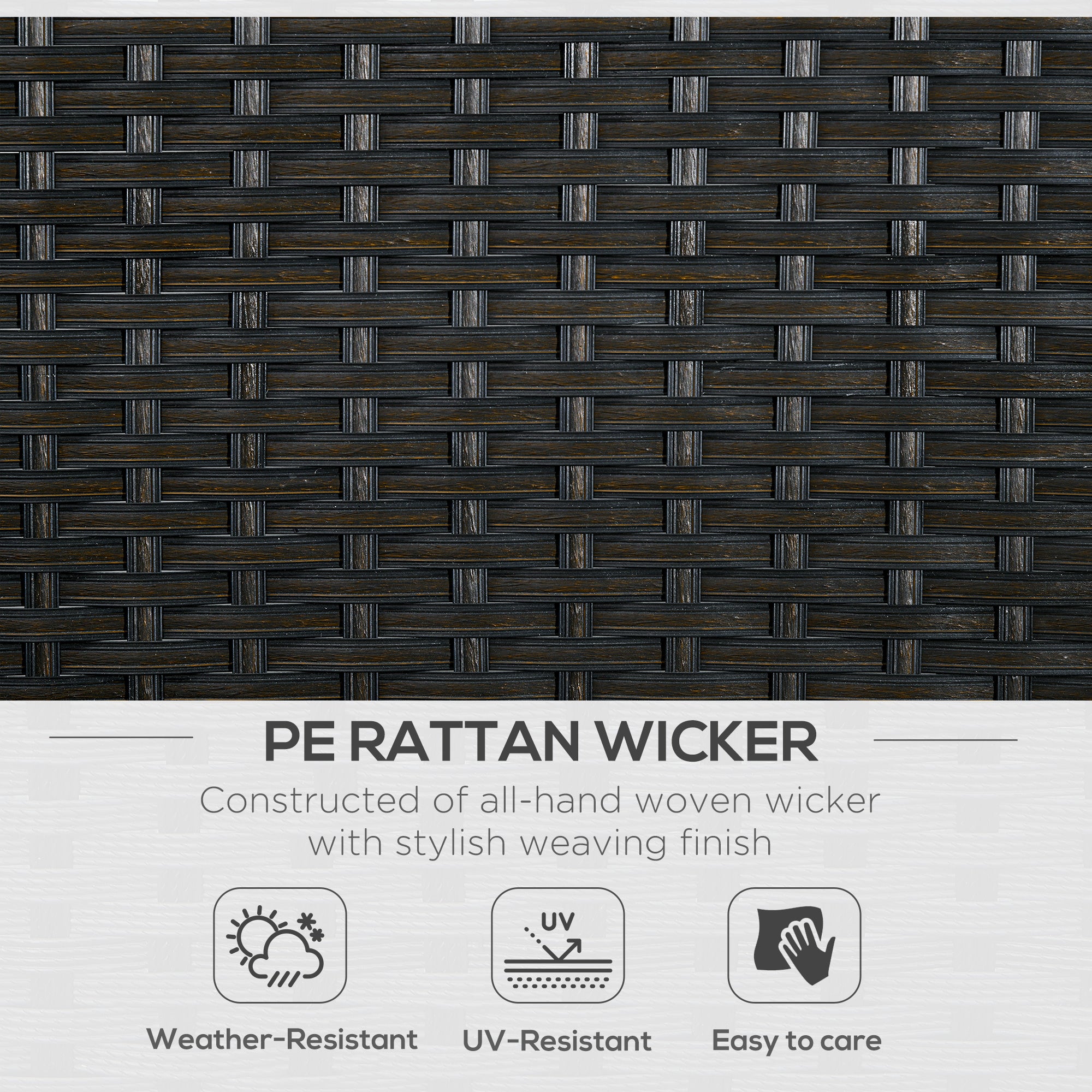 Textured dark brown wicker pattern with PE rattan wicker product description and features.