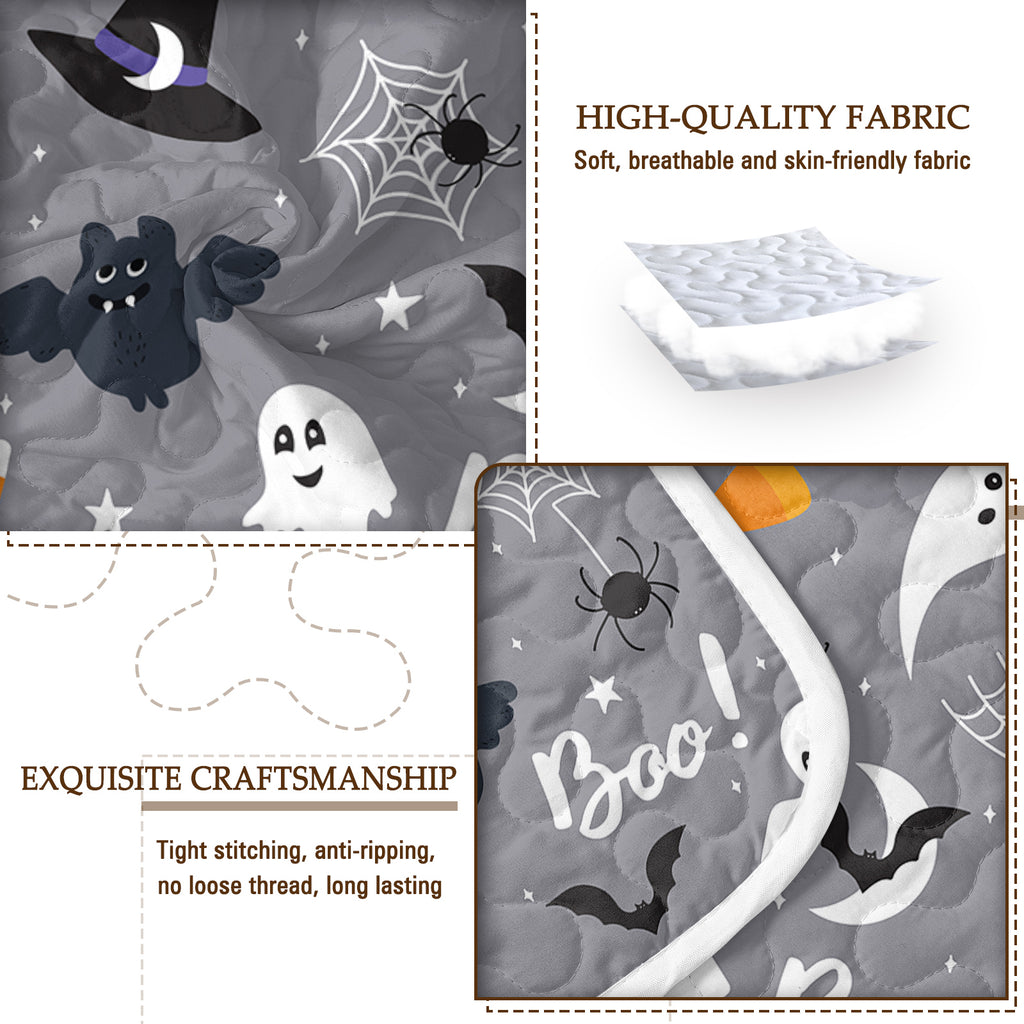 Halloween-themed fabric with ghosts, bats, and spider webs, featuring high-quality and exquisite craftsmanship.