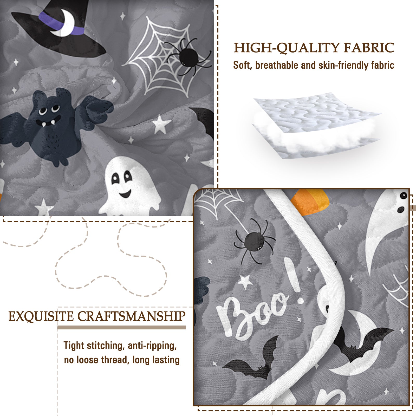Halloween-themed fabric with ghosts, bats, and spider webs, featuring high-quality and exquisite craftsmanship.