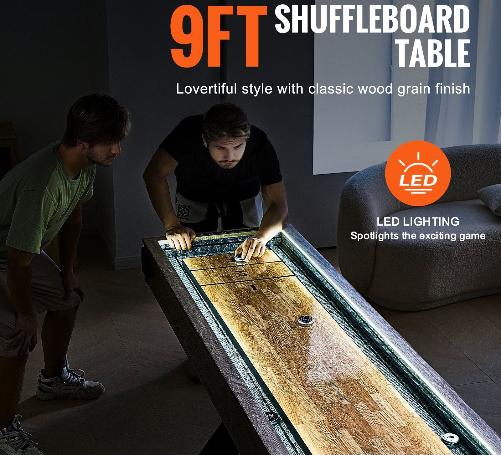 9 Ft LED Shuffleboard Table – 2-in-1 Shuffleboard & Bowling Set