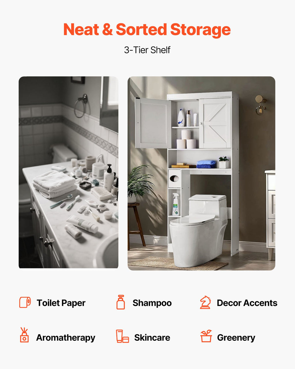 Bathroom storage solution with a 3-tier shelf, showing before and after scenarios.