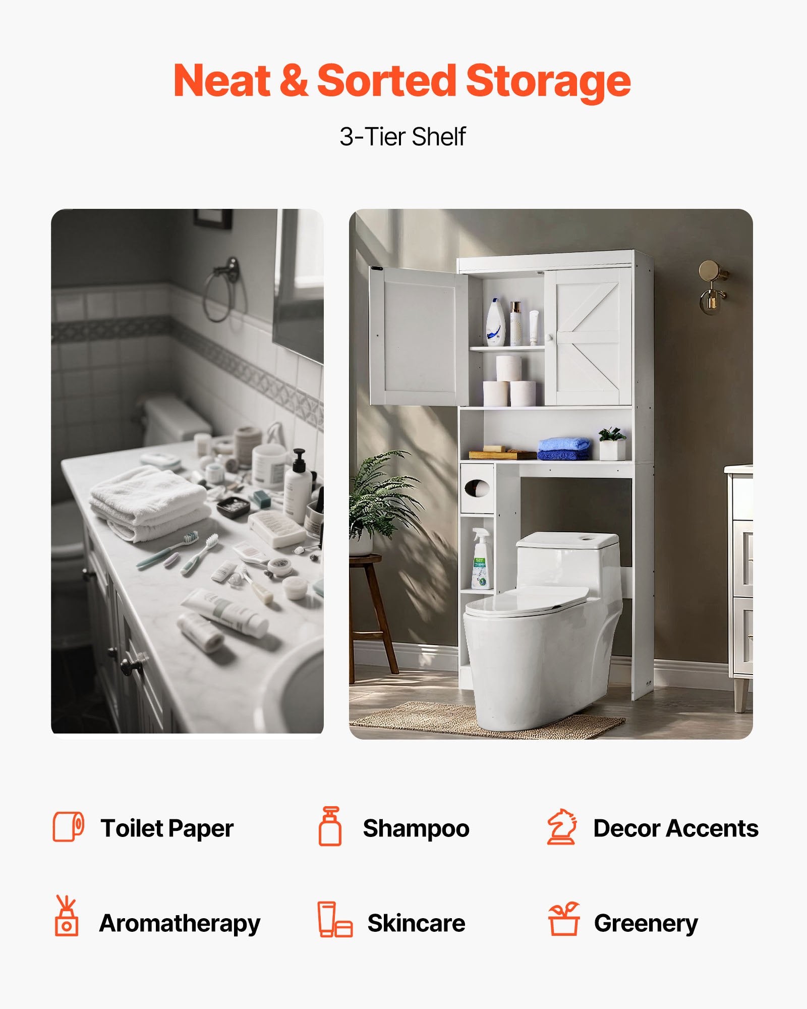 Bathroom storage solution with a 3-tier shelf, showing before and after scenarios.