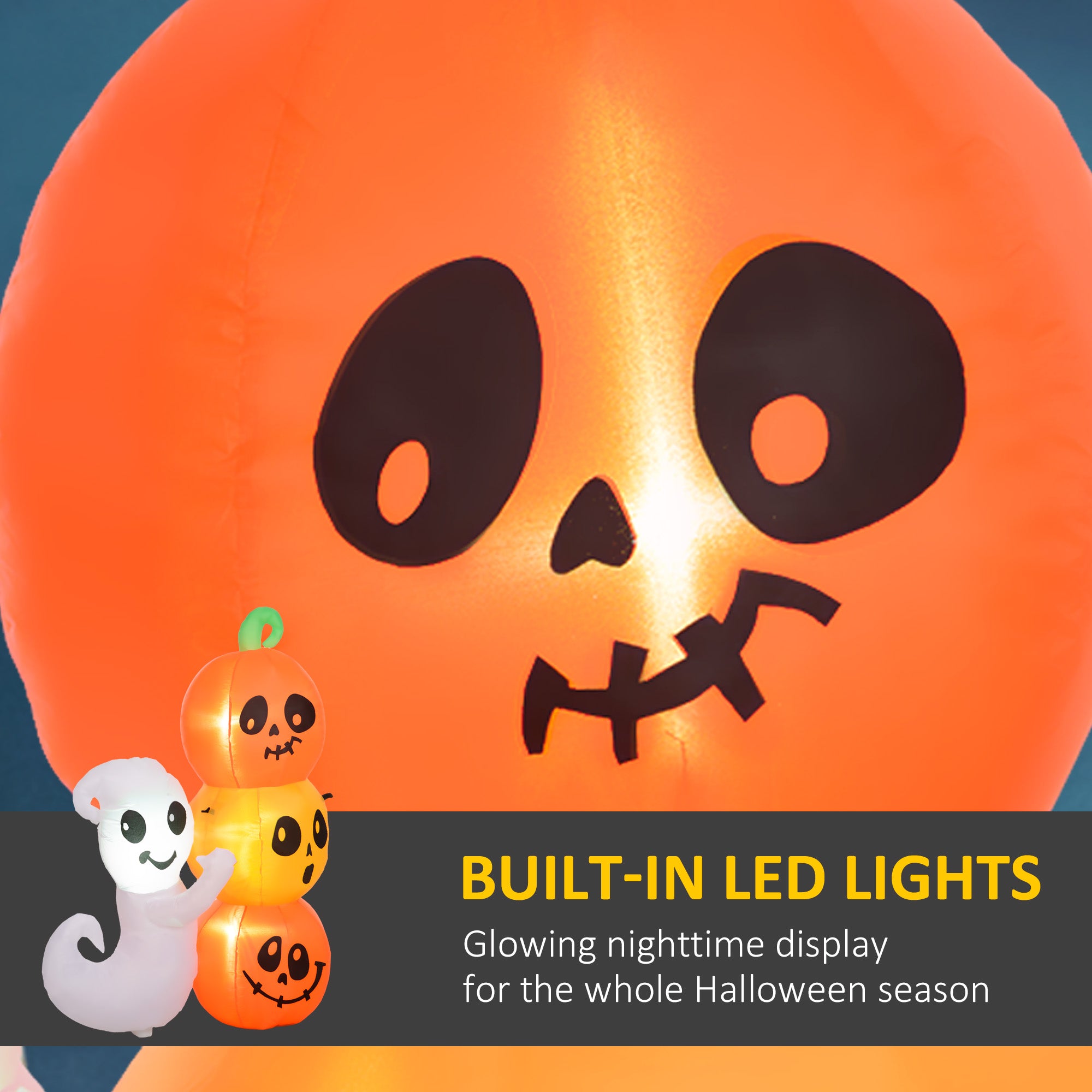Halloween inflatable with built-in LED lights and ghost decoration on a blue background