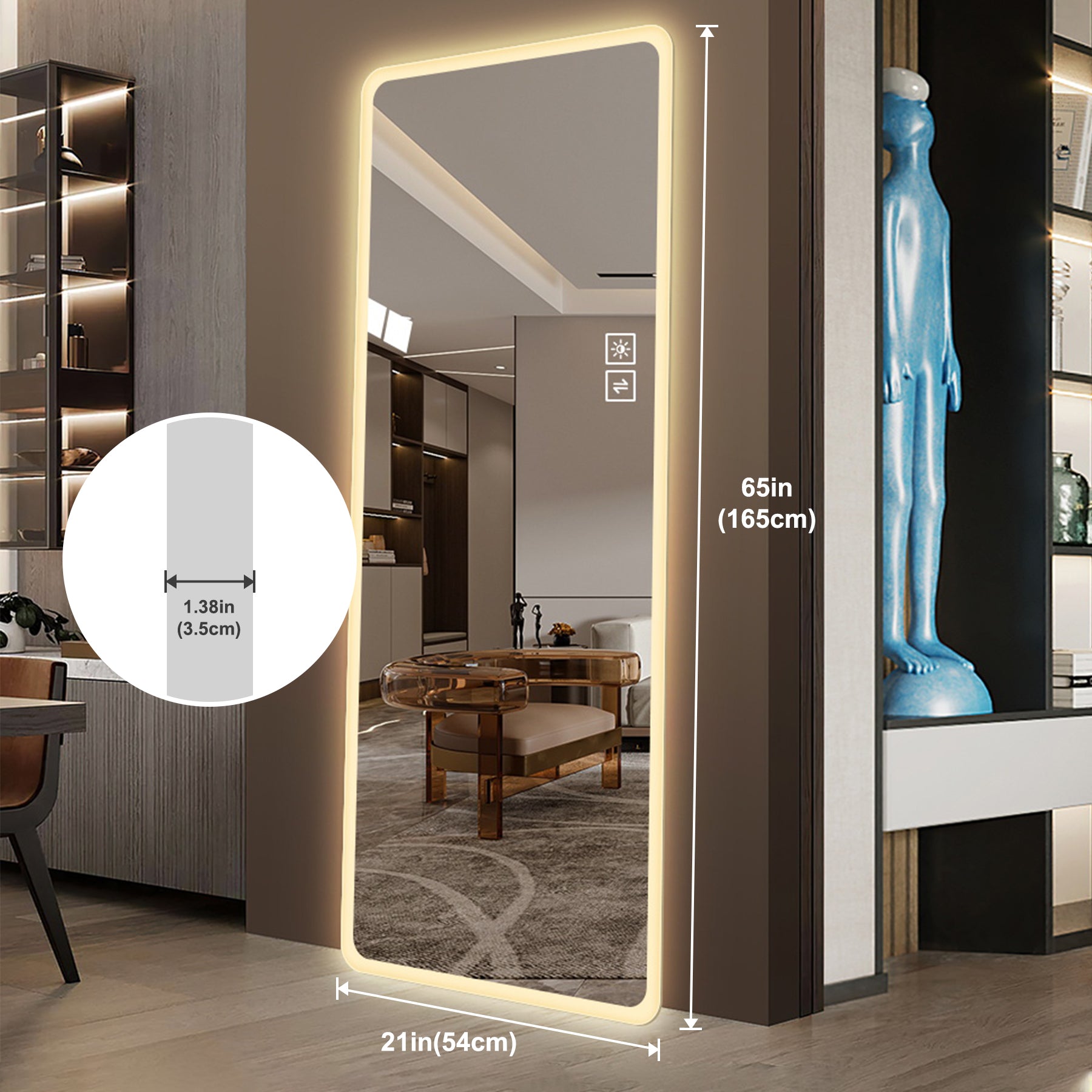 LED Full Length Mirror 65x21.7" — Wall Mounted, 2-Button Control, Rounded Corners | Rimless