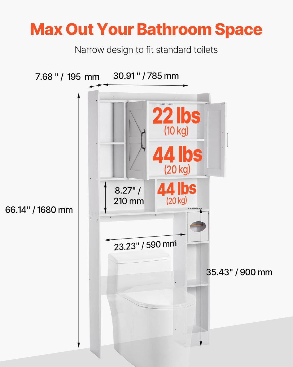 Bathroom storage unit with dimensions and weight capacity displayed