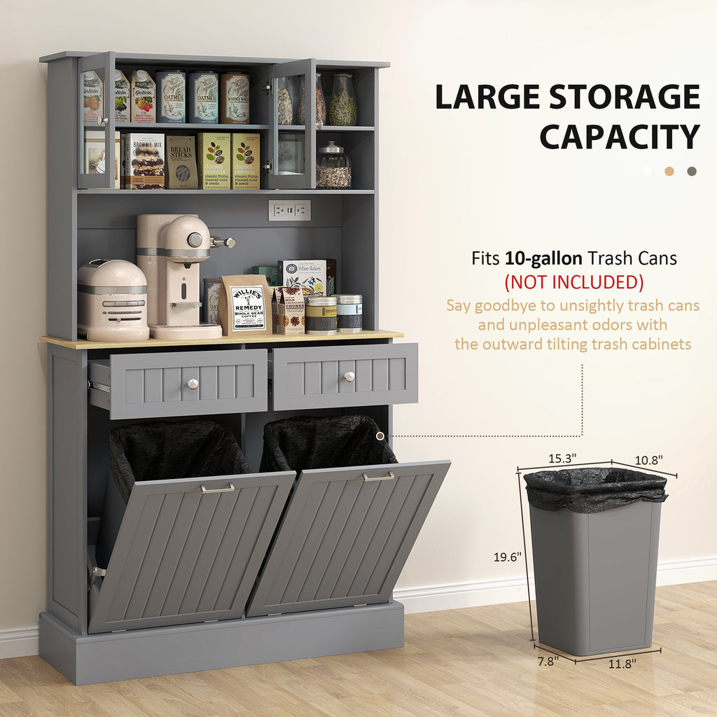 Gray storage cabinet with trash bins and kitchen items on shelves against a beige wall.
