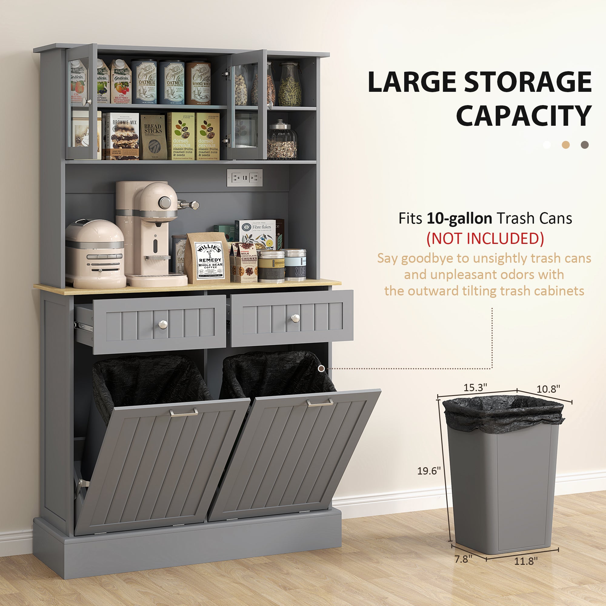 Gray storage cabinet with trash bins and kitchen items on shelves against a beige wall.