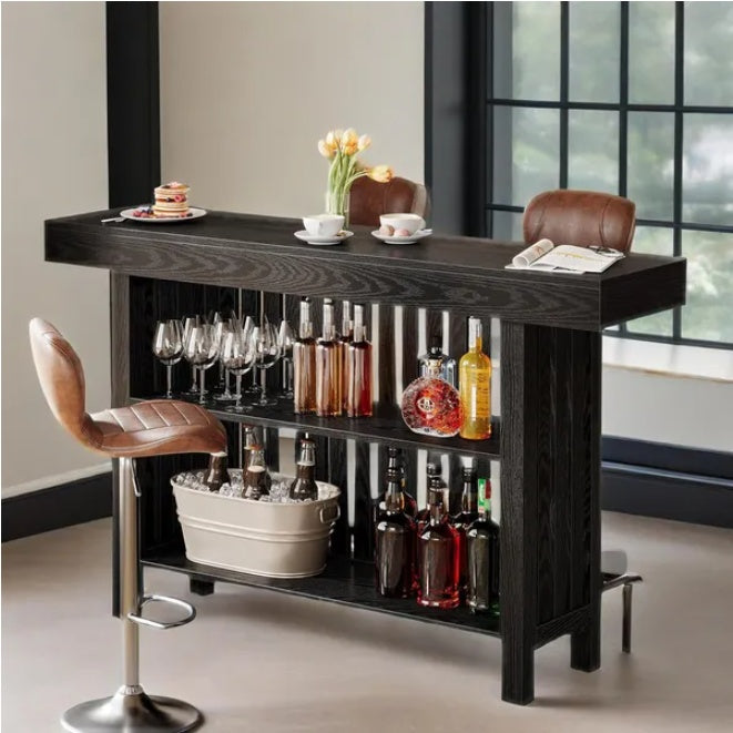 Black slatted wood bar console, 62.99 inches wide and 41.53 inches tall, with lower shelf and footrest rail