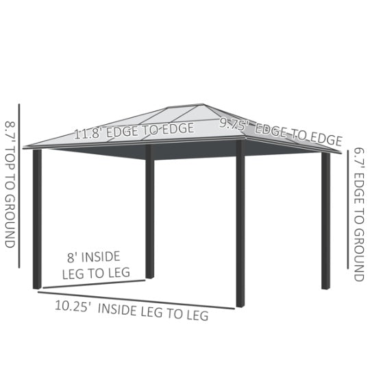 Measurement chart of a hexagonal gazebo with dimensions labeled.