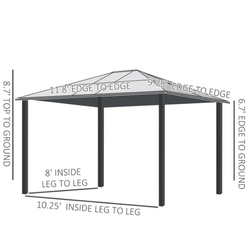 Measurement chart of a hexagonal gazebo with dimensions labeled.