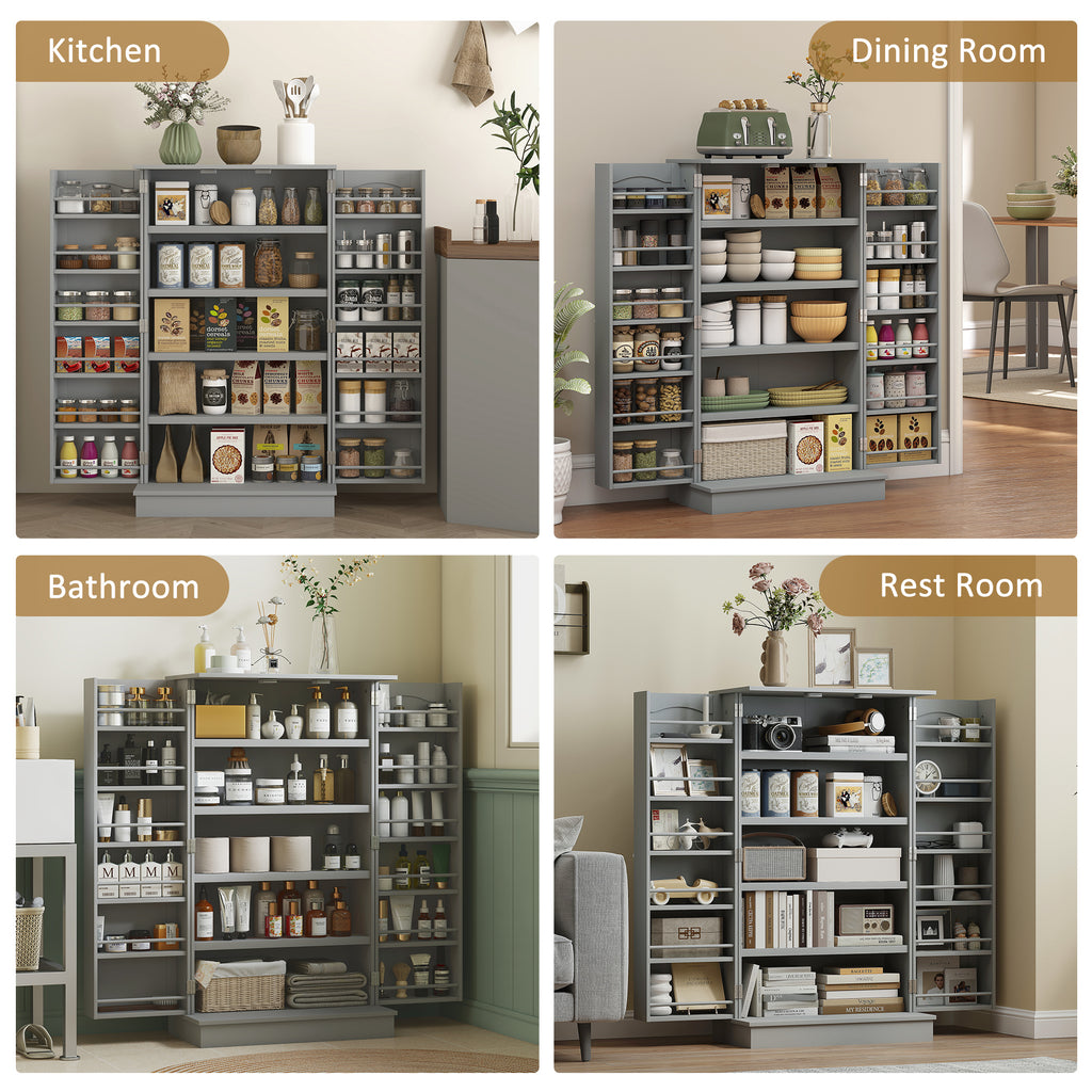 Four different rooms with storage shelves labeled 'Kitchen', 'Dining Room', 'Bathroom', and 'Rest Room'.