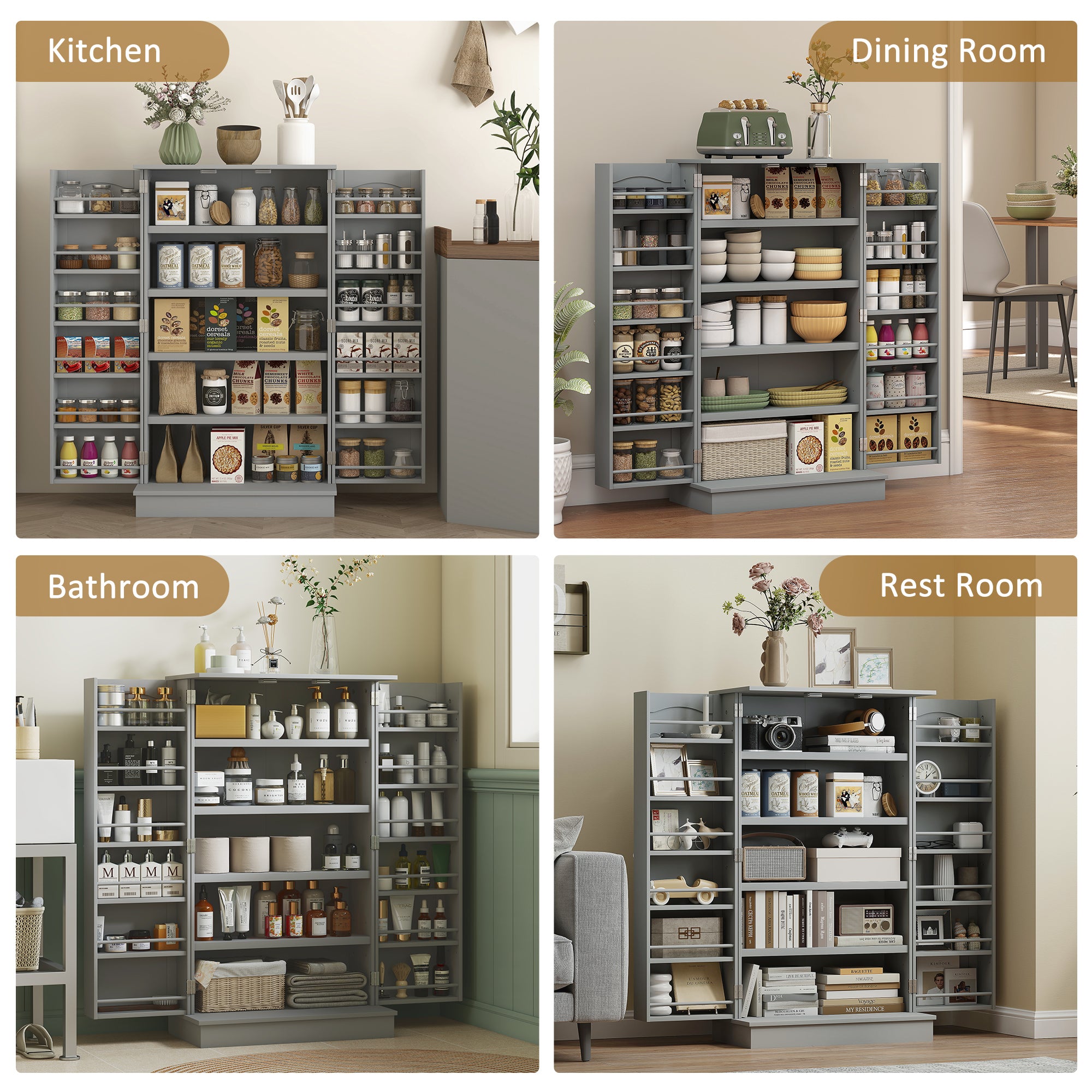 Four different rooms with storage shelves labeled 'Kitchen', 'Dining Room', 'Bathroom', and 'Rest Room'.