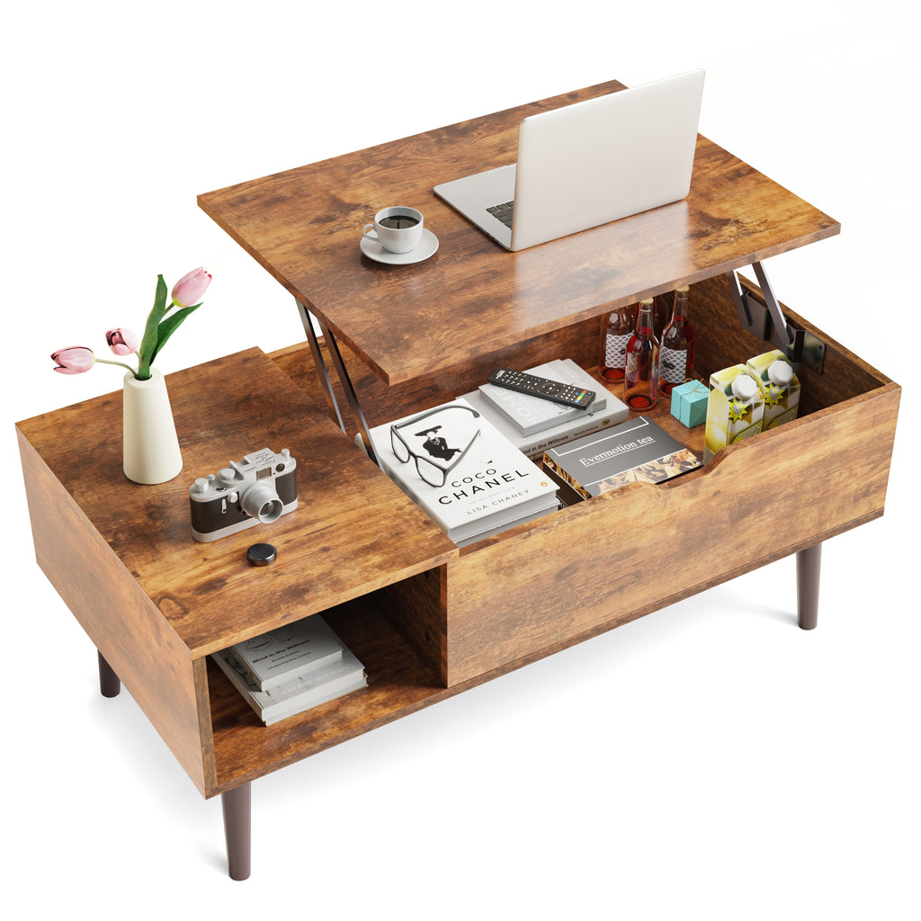Wooden coffee table with lift-top design, displaying a laptop, coffee cup, and various items.