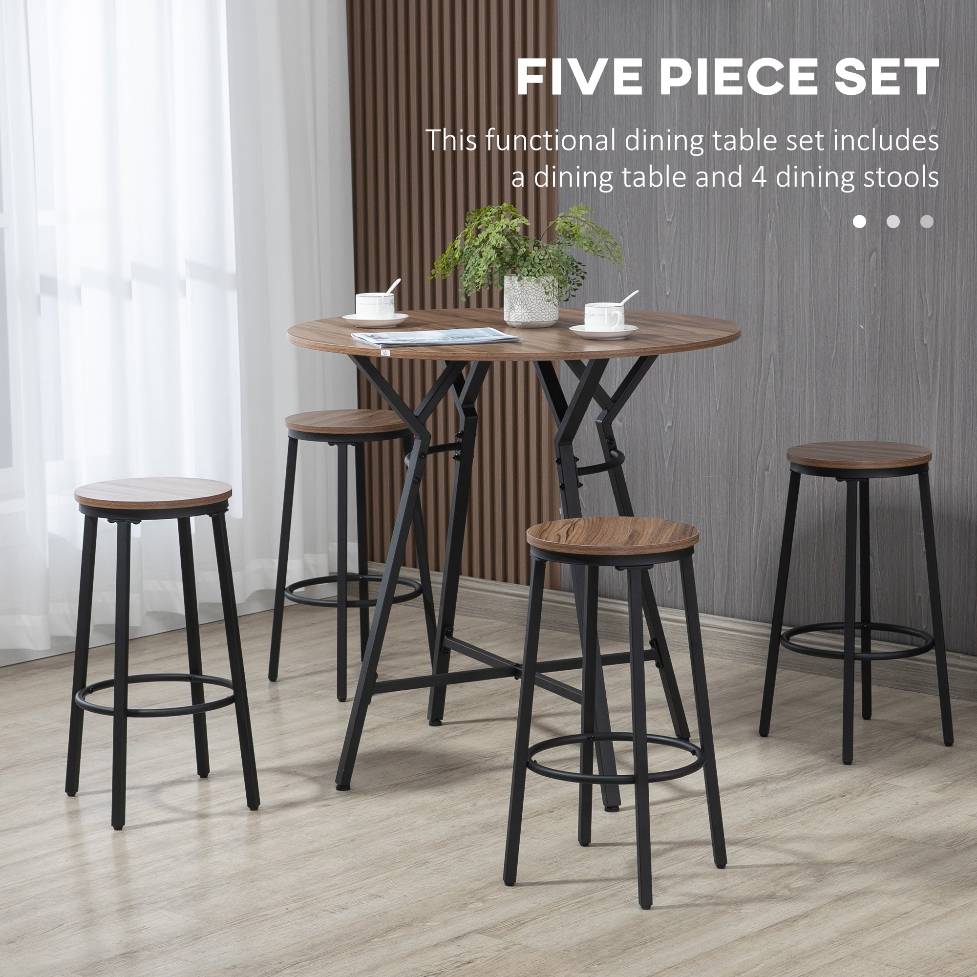 Five-piece dining set with a table and four stools in a room setting.