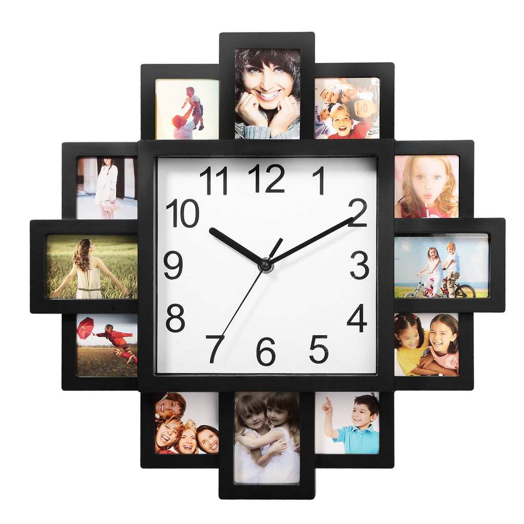 Wall clock with multiple photo frames around it on a white background