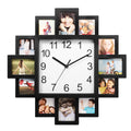 Wall clock with multiple photo frames around it on a white background