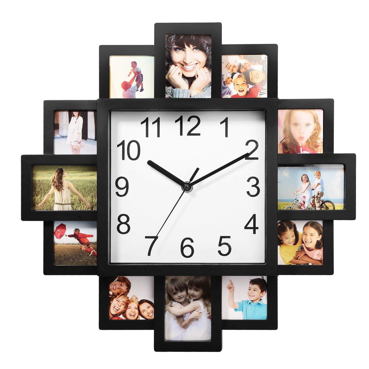 Wall clock with multiple photo frames around it on a white background