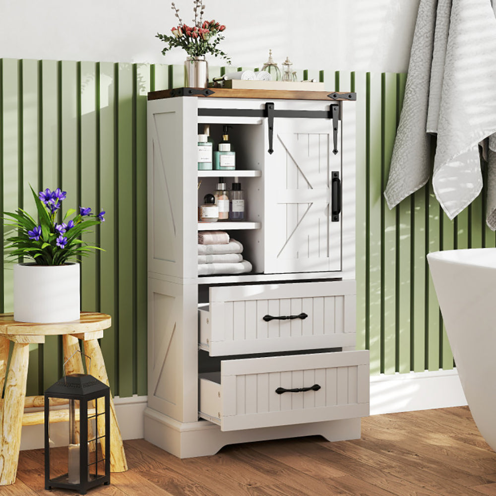 White storage cabinet with wooden top in a bathroom setting