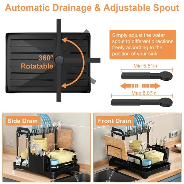 Dish drying rack with adjustable spout and drainage features, shown in use.