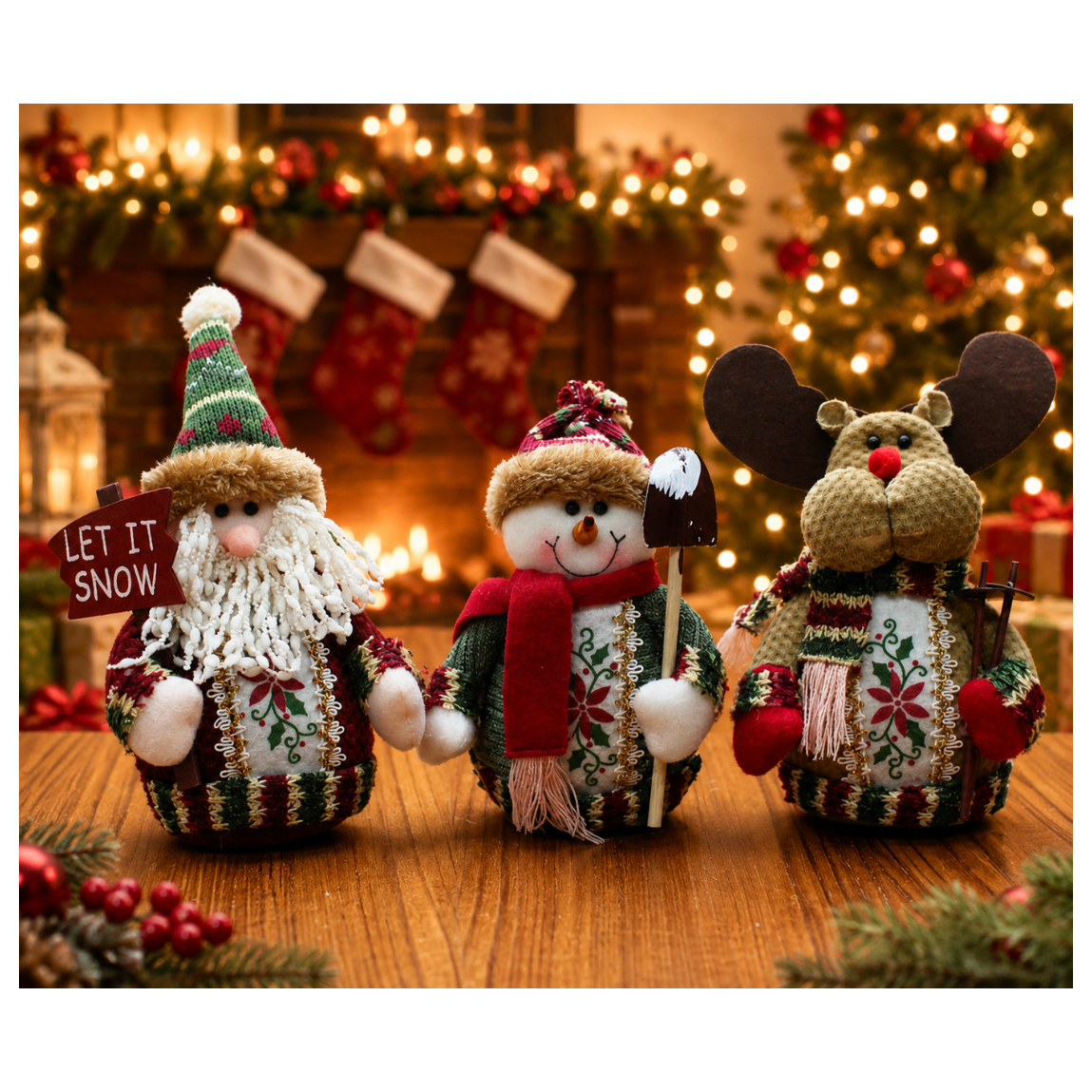 Three Christmas-themed figurines on a wooden surface with festive decorations in the background.