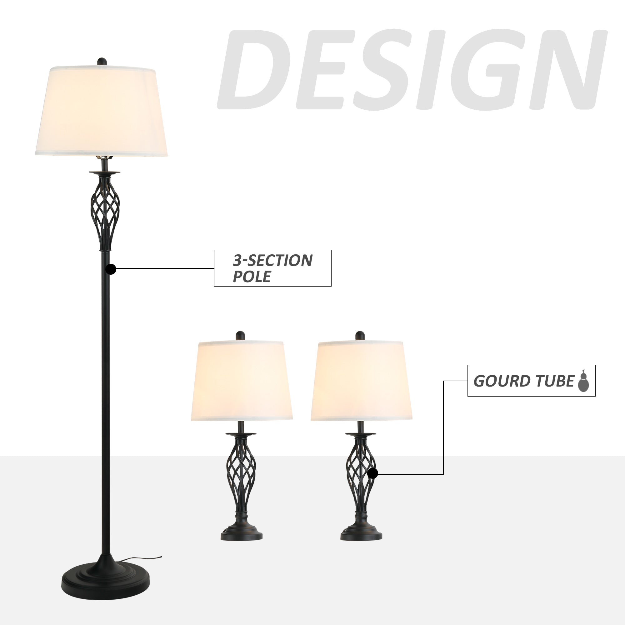 Floor lamp and two table lamps with labeled design features on a white background