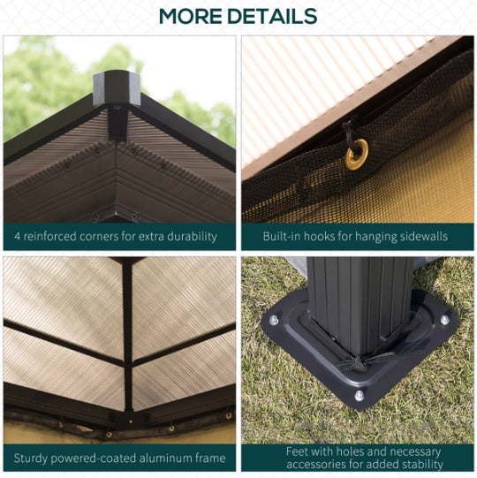 Collage of details about a pergola structure with reinforced corners, hooks for hanging sidewalls, and stability features.
