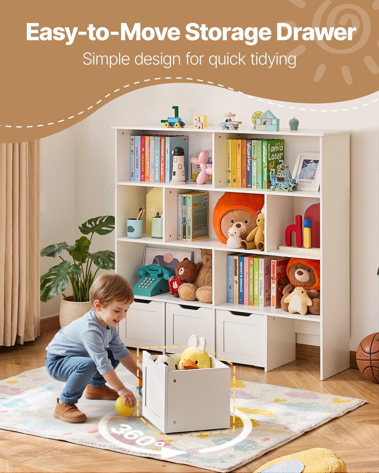Child playing with toys near a storage drawer system in a room.