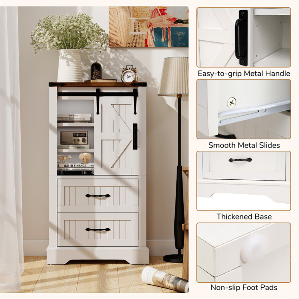 White storage cabinet with wooden top in a room setting, showing features like an easy-to-grip metal handle and thickened base.