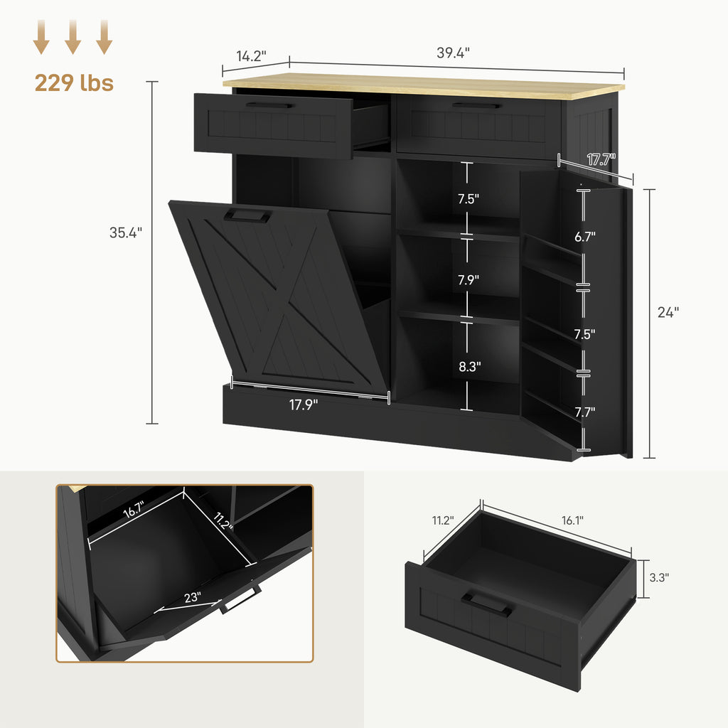 Black storage cabinet with dimensions and weight capacity on a white background