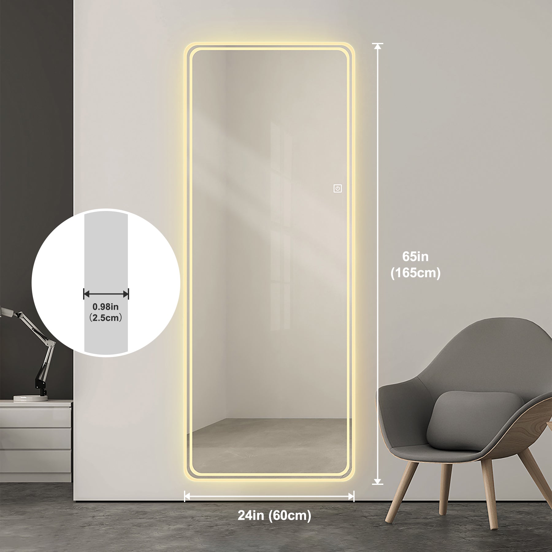 LED Full Length Mirror 65x24" — Wall Mounted, Dimmable, 3 Color Modes | Rimless