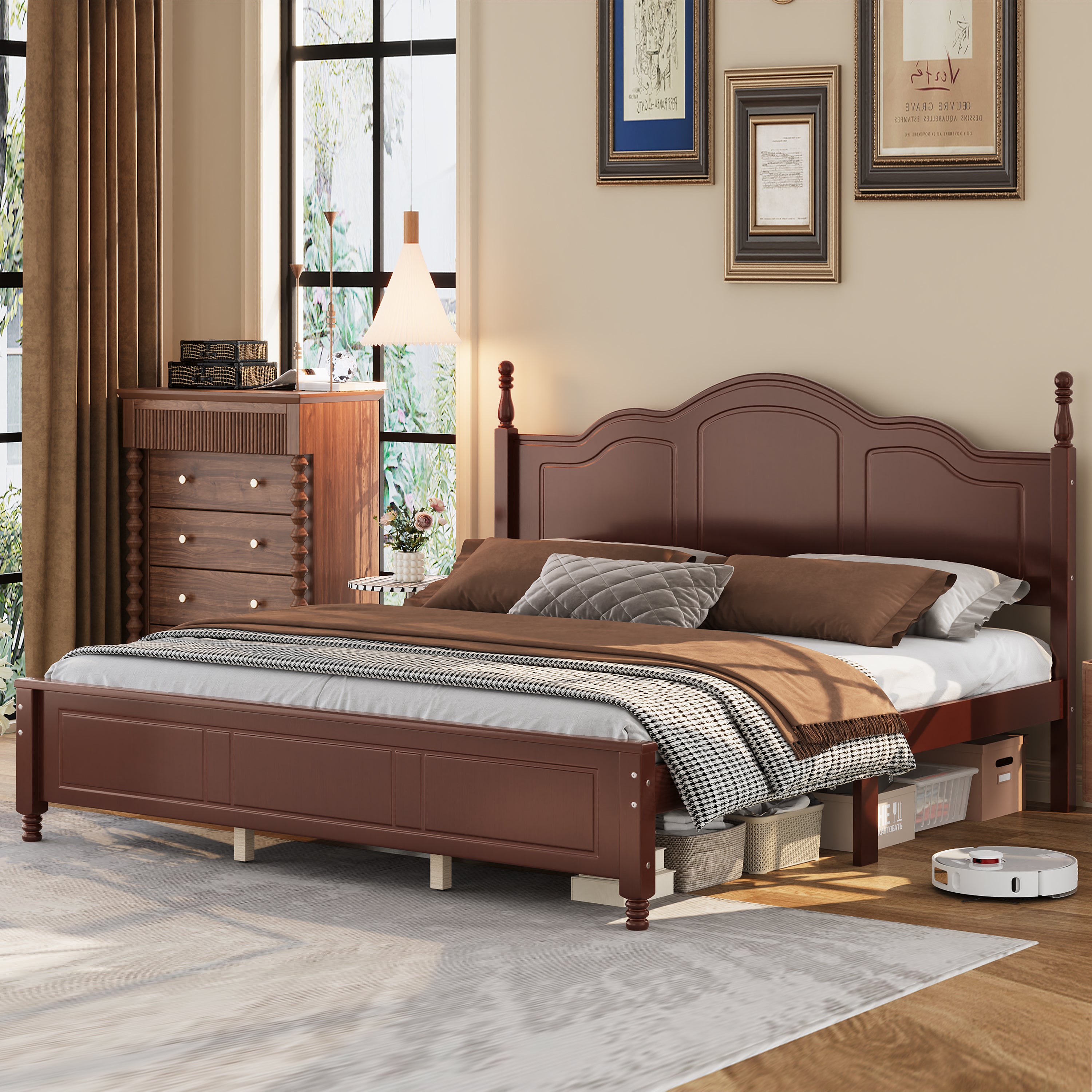 King Platform Bed Frame | Retro Wave Headboard, Wood Slats, 700 lb Capacity — Dark Walnut