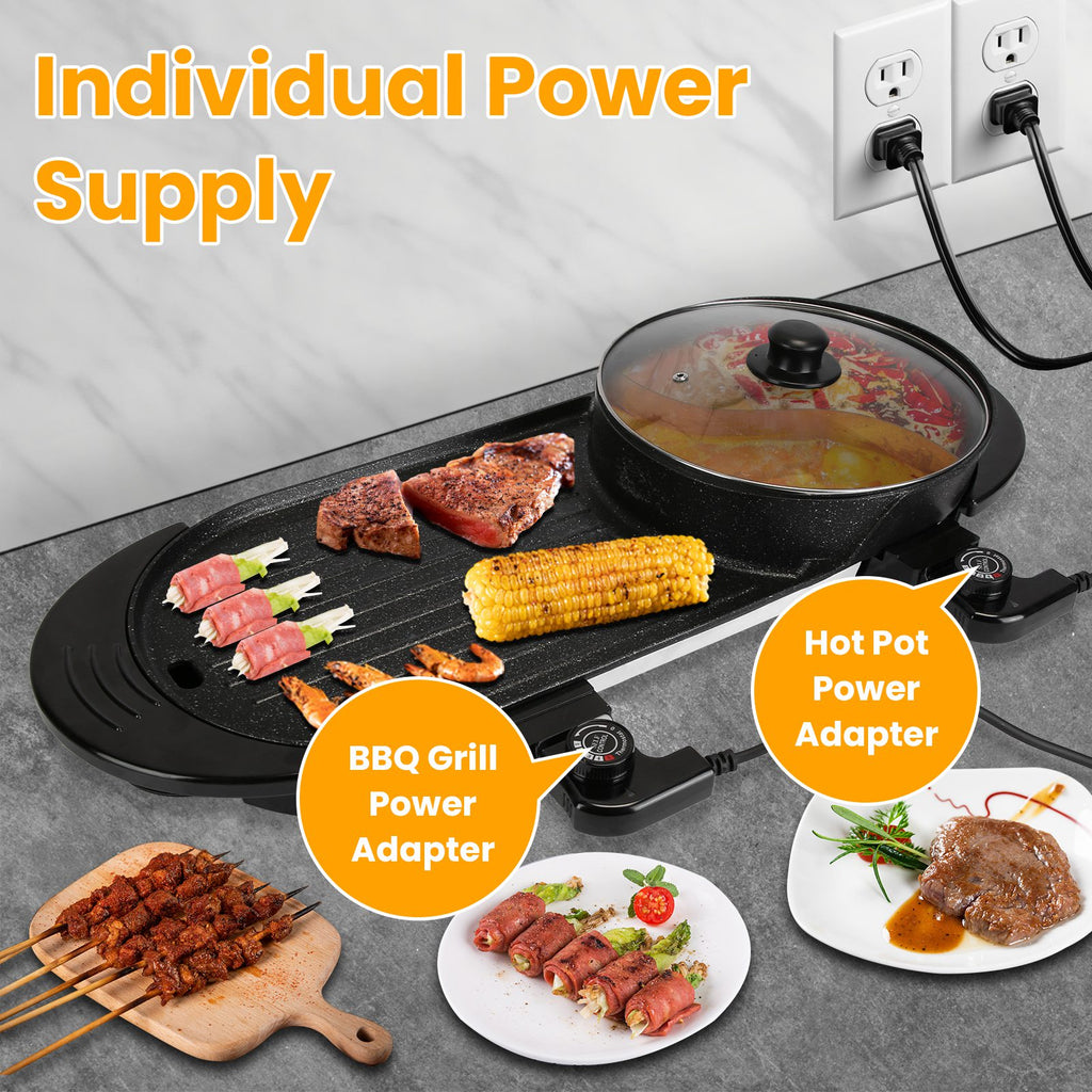 Multifunctional cooking appliance with BBQ grill, hot pot, and plates of food on a kitchen counter.