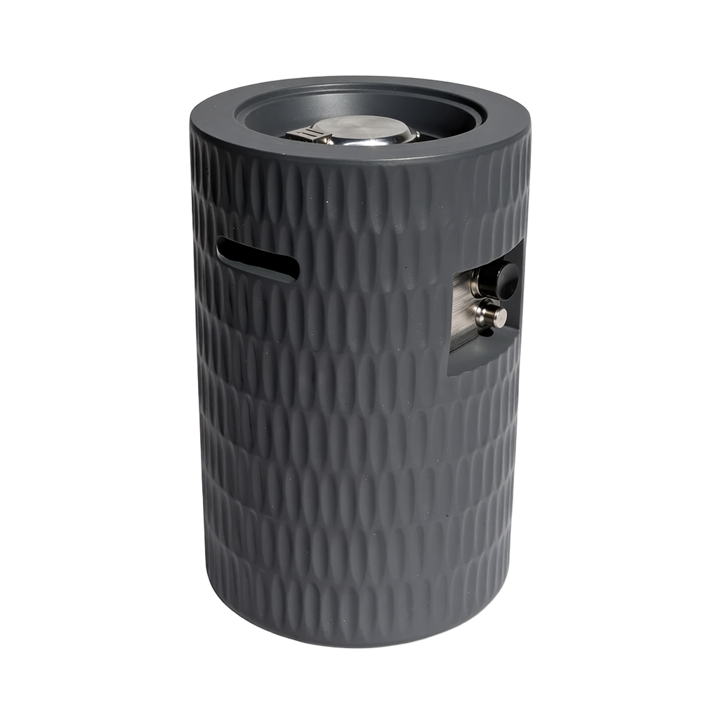 Dark gray textured cylindrical container on a white background
