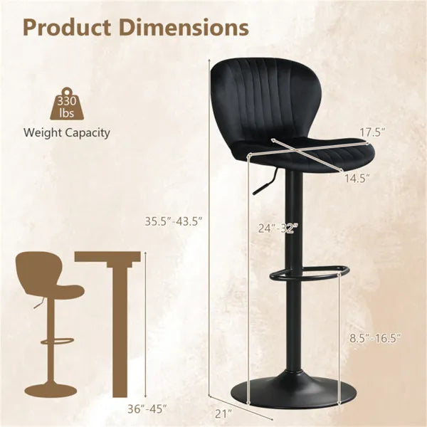 Two black swivel bar stools with cushioned seats positioned at a modern kitchen island with wood cabinetry