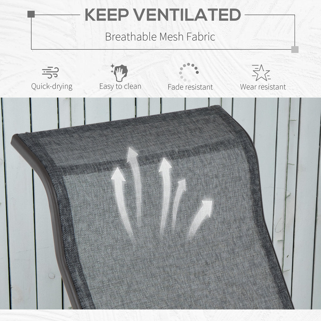 Gray mesh fabric chair with text 'Keep Ventilated' and icons indicating features like quick-drying, easy to clean, fade resistant, and wear resistant.