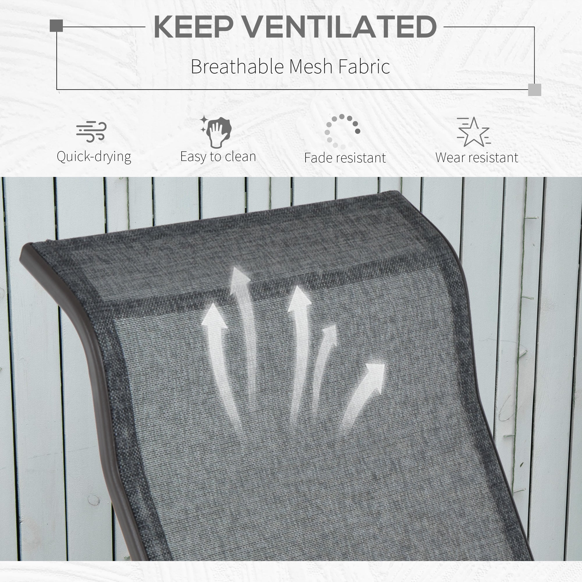 Gray mesh fabric chair with text 'Keep Ventilated' and icons indicating features like quick-drying, easy to clean, fade resistant, and wear resistant.