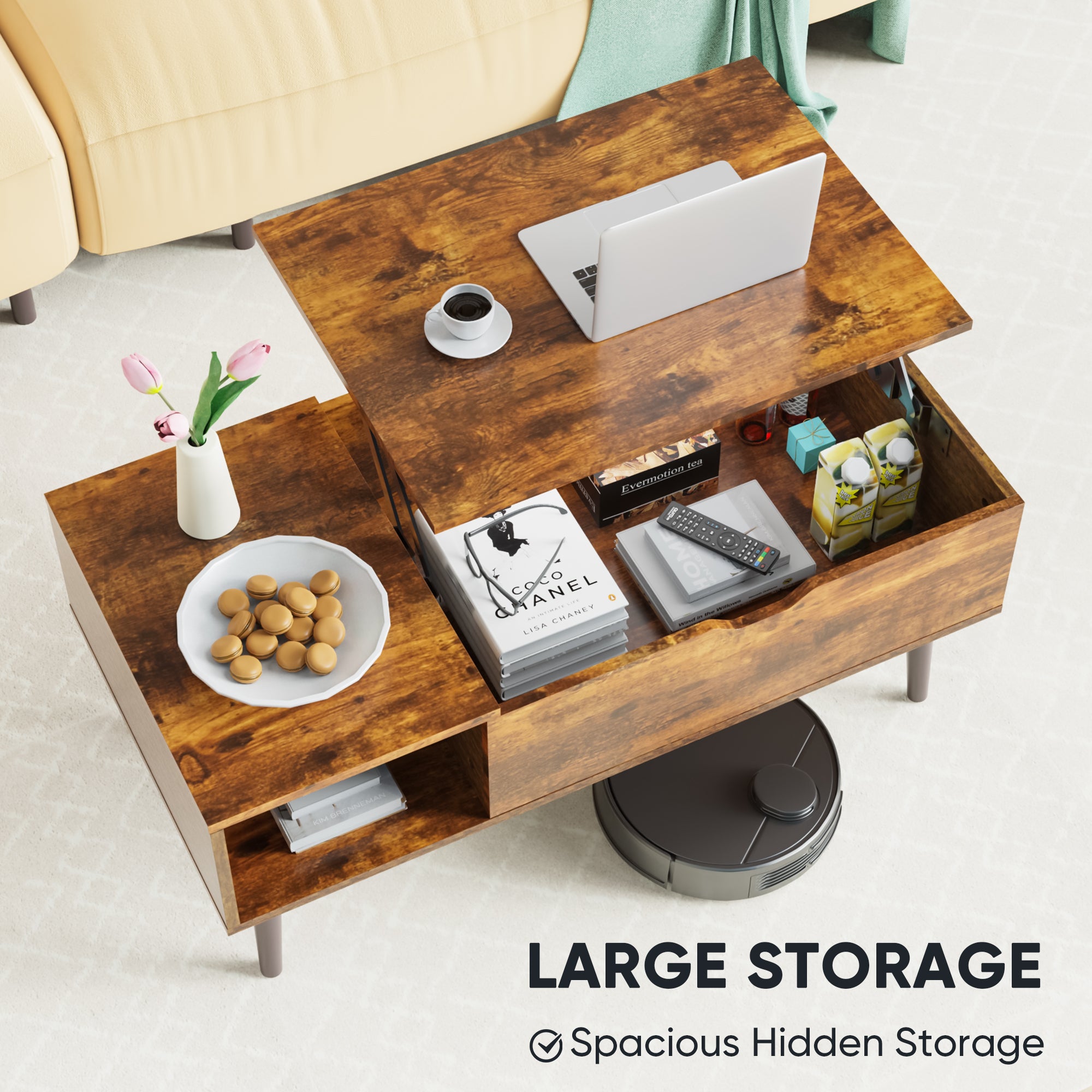 Wooden coffee table with laptop, coffee, and snacks on a light-colored floor.