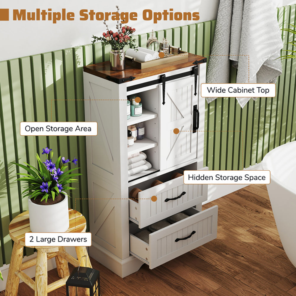 Bathroom cabinet with multiple storage options labeled, including open storage area, wide cabinet top, hidden storage space, 2 large drawers, and a wide cabinet top.