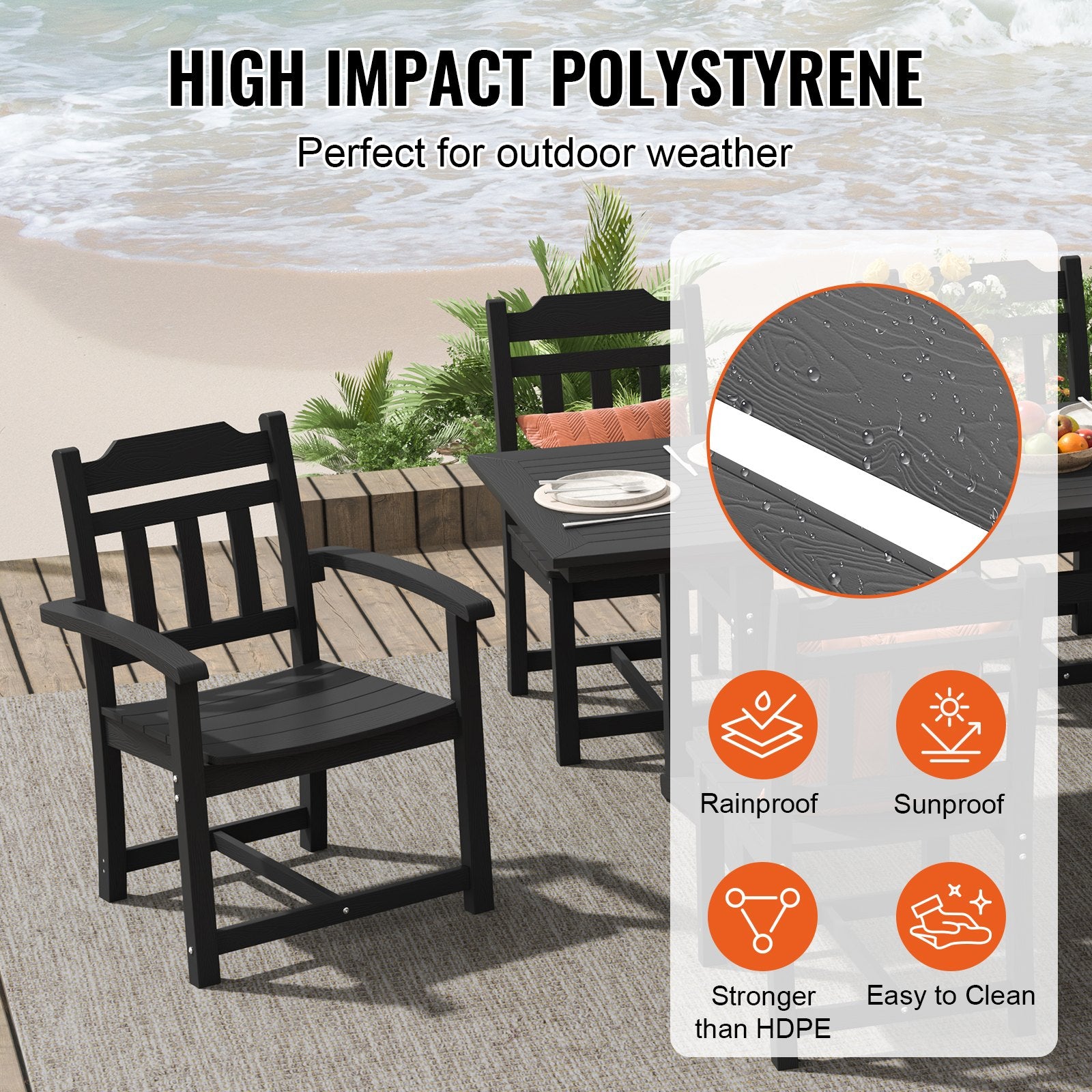 Black outdoor chairs on a patio with high impact polystyrene features highlighted.