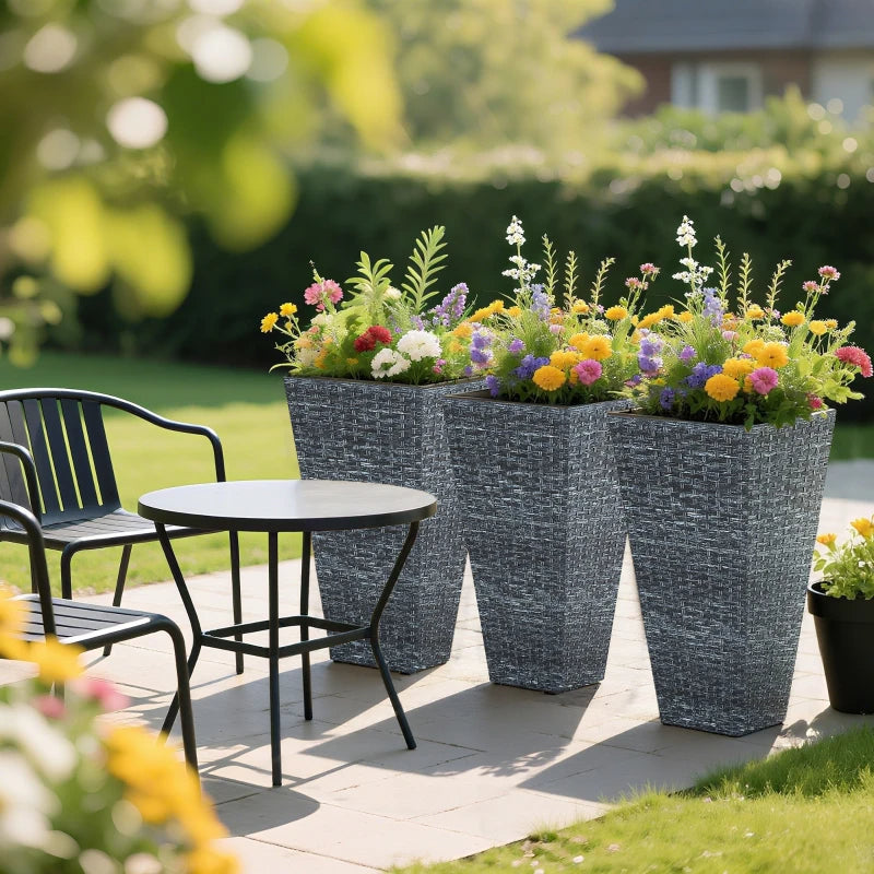 Set of 3 Tall Outdoor Planters | 24" Rattan-Style Tapered Plant Pots with Drainage – Gray