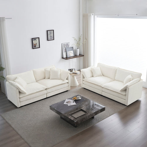 2-Piece Upholstered Sofa Set | Modular Loveseat & Couch, Chenille — White
