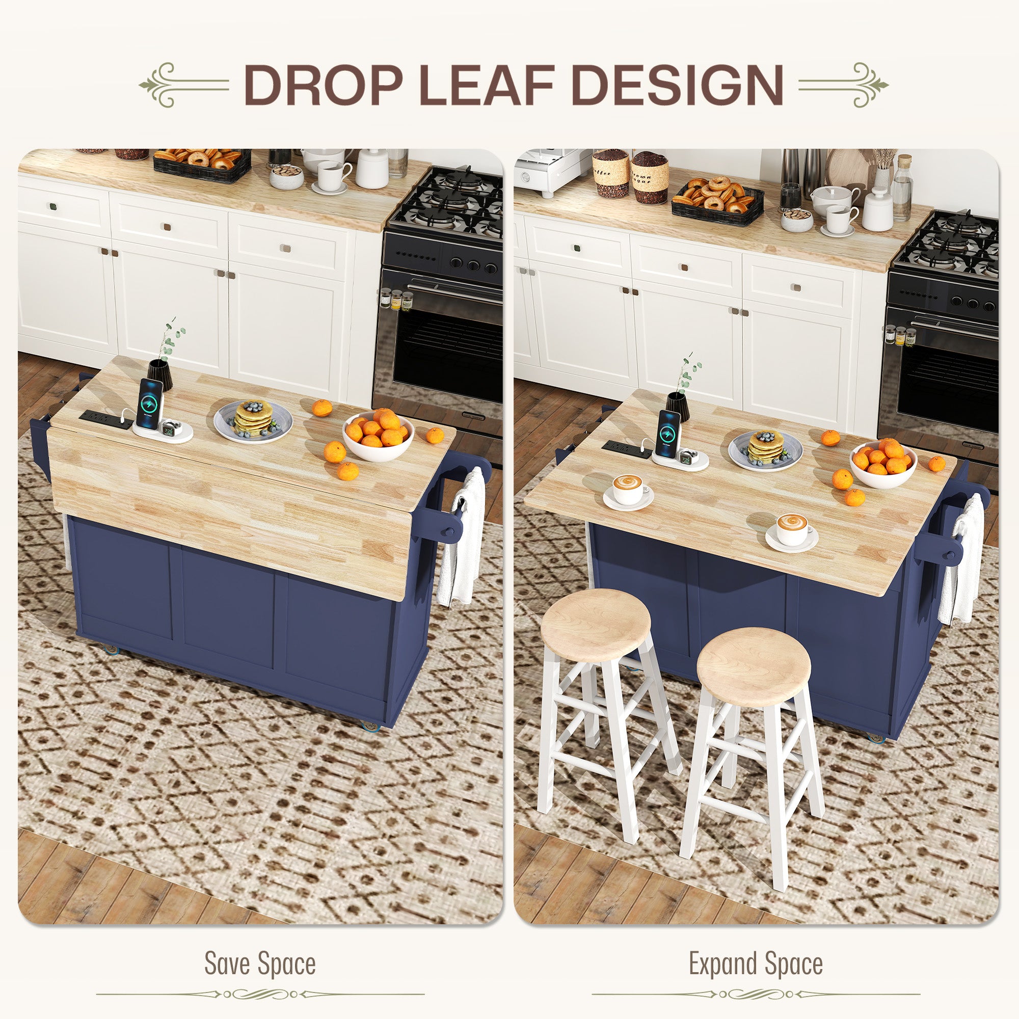 Kitchen island with drop leaf design, showing before and after scenarios.