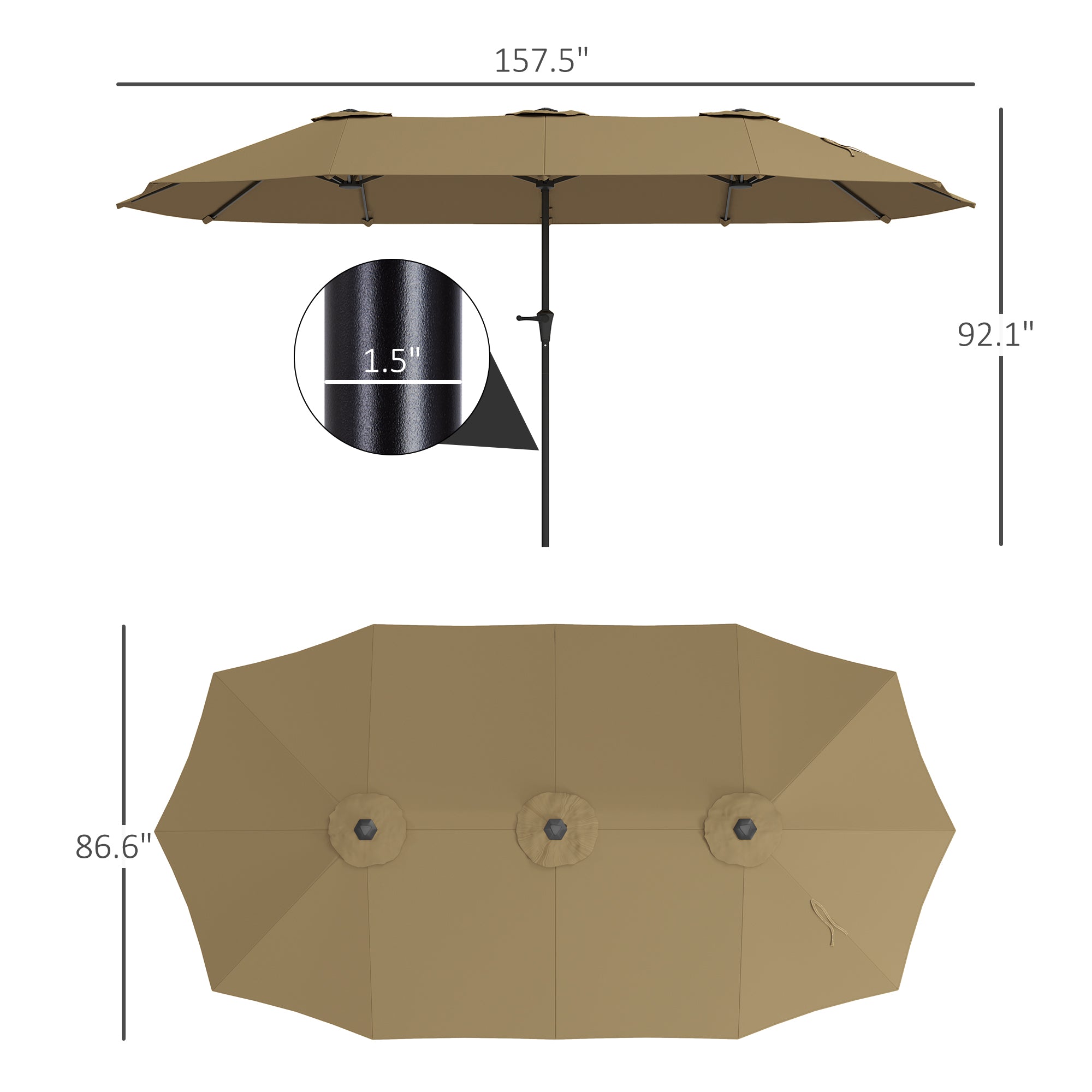 Beige patio umbrella with dimensions on a white background