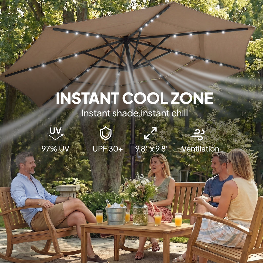 People sitting under a large patio umbrella with 'Instant Cool Zone' features highlighted.