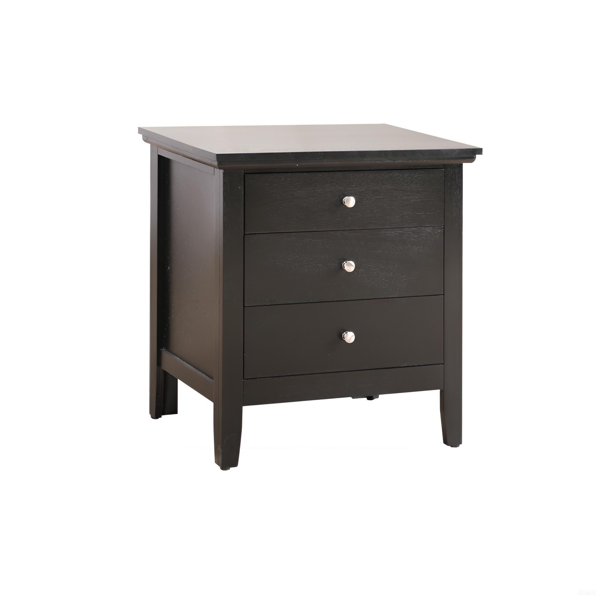Dark wood nightstand with three drawers on a white background